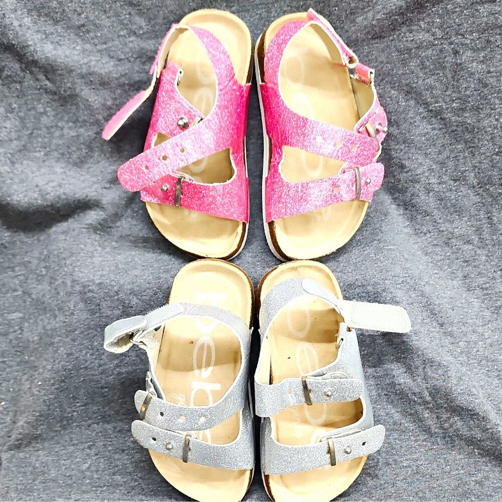Girls Bebe Strappy Glitter Buckle Sandals Pink/Silver Solid Open Toe Size 8
